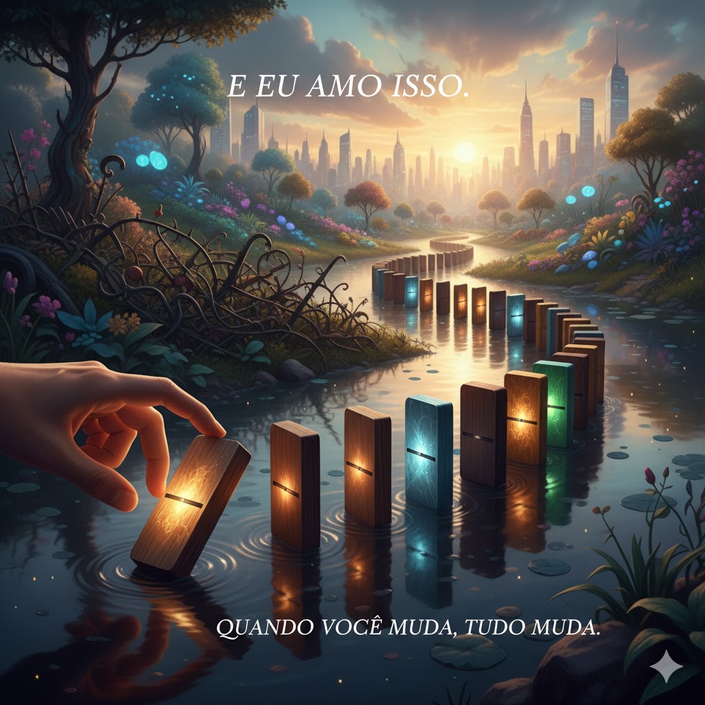 Efeito dominó da mudança pessoal: uma pequena ação interna (dominó) desencadeia uma grande transformação na vida, iluminando o caminho da natureza para a cidade.