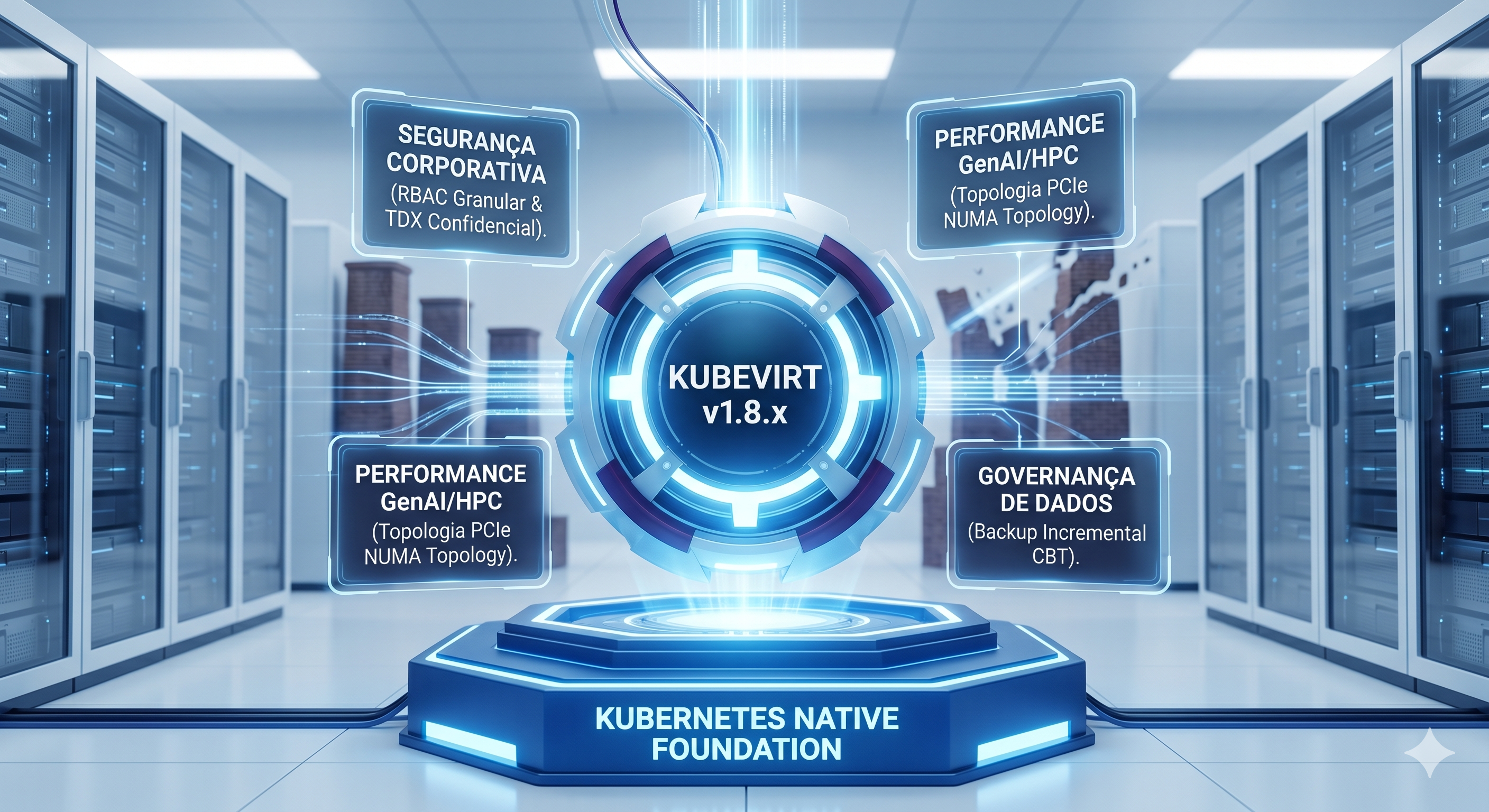 A imagem utiliza uma paleta de cores dominada por azuis frios. No centro, um grande núcleo de energia estilizado e futurista brilha com a inscrição legível: KUBEVIRT v1.8.x.