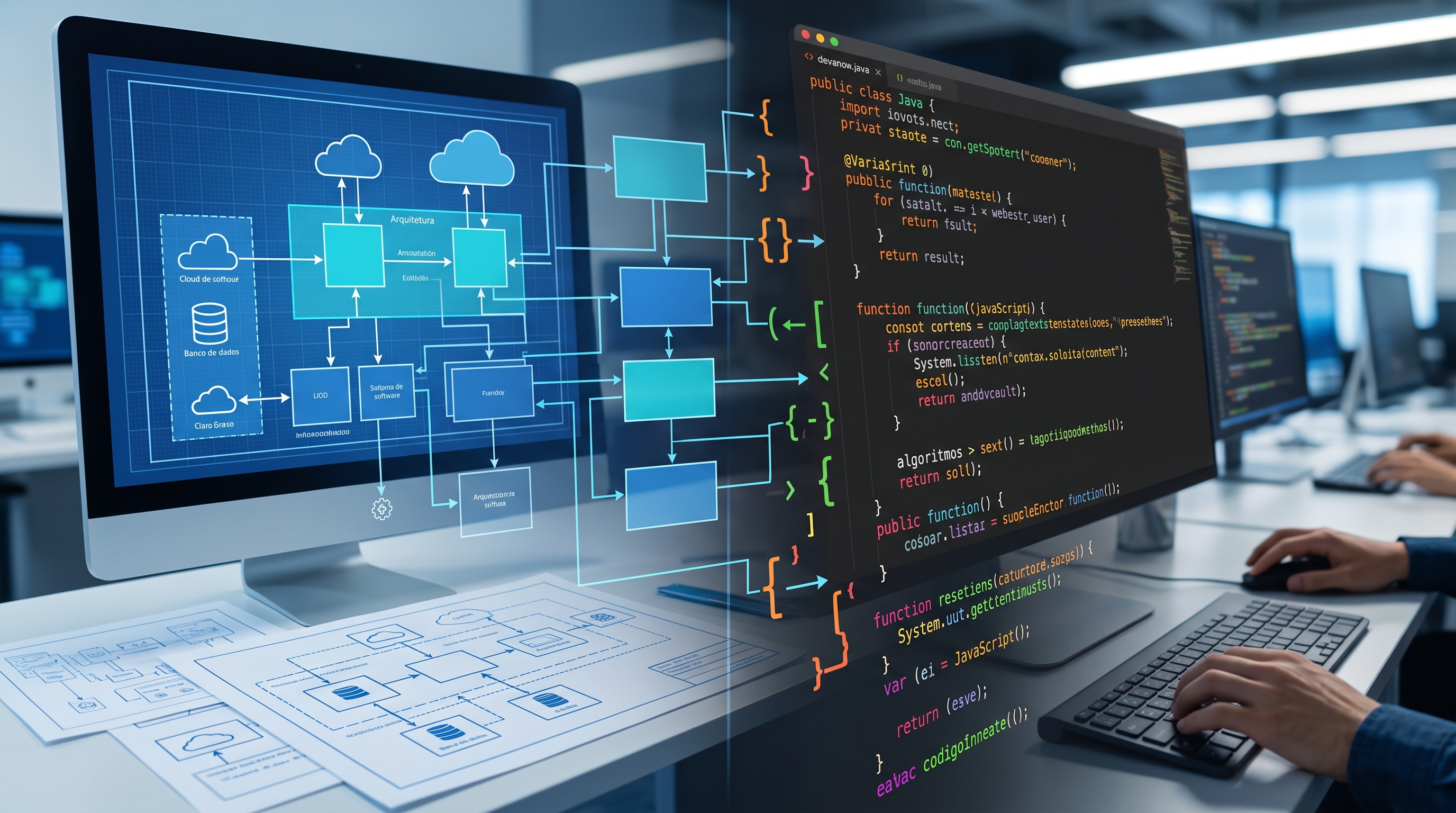 The image illustrates the path from the macro to the micro: on the left, the technology architecture represented by diagrams, flows, and infrastructure models; and as one moves to the right, these plans connect and materialize into source code—the essence of daily software engineering delivery.